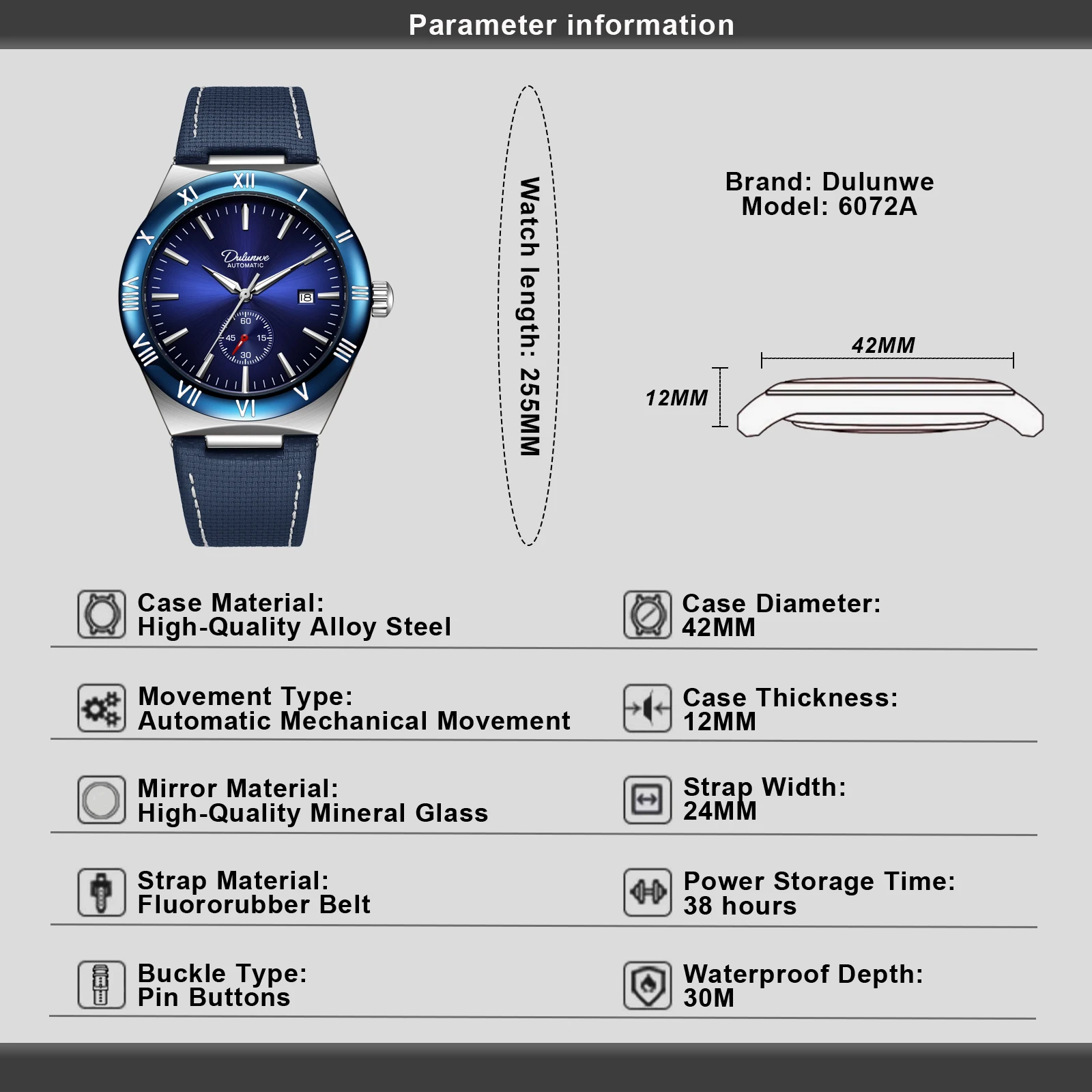 42mm New Dulunwe Men's Mechanical Watch with Independent Seconds Dial, Calendar and Waterproof Relogio Masculino