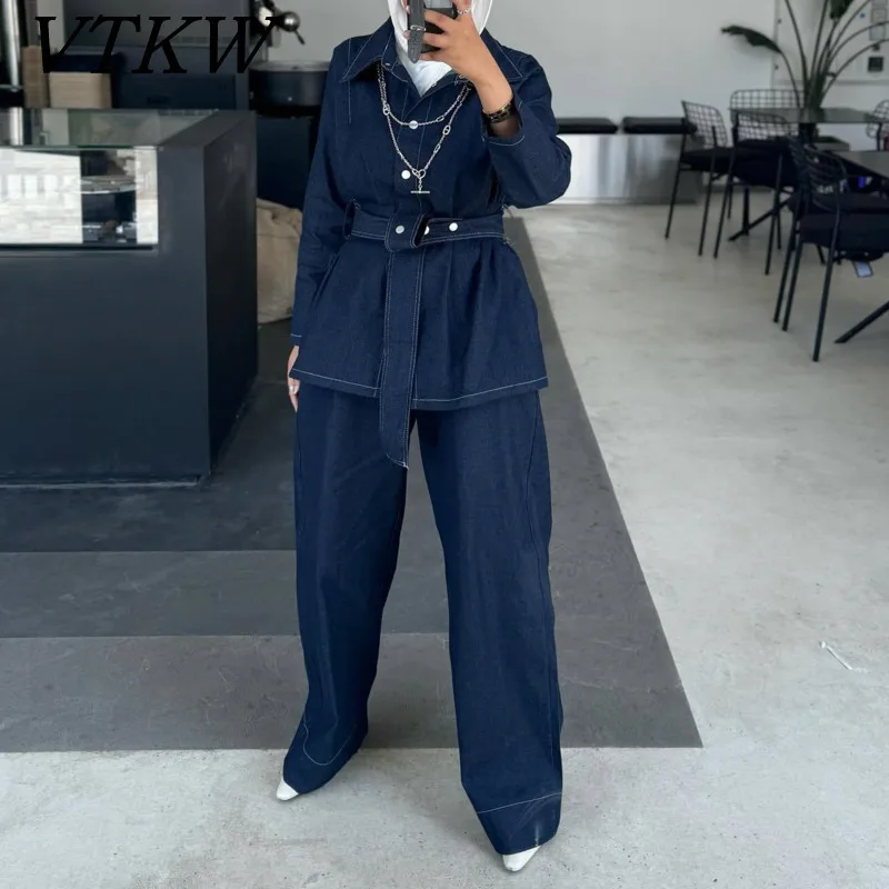 

VTKW Women's Denim Suit With Fashionable Patchwork Button Cross Design Top And Straight Leg Pants Two-piece Set Suitable Ordaily
