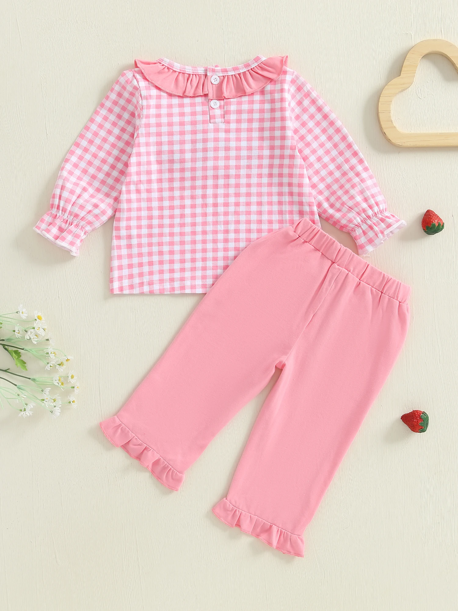 

Adorable Infant Girl Autumn Clothes Cute Apple Embroidered Checkered Frilled Edge Shirt and Trousers 2 Piece Ensemble
