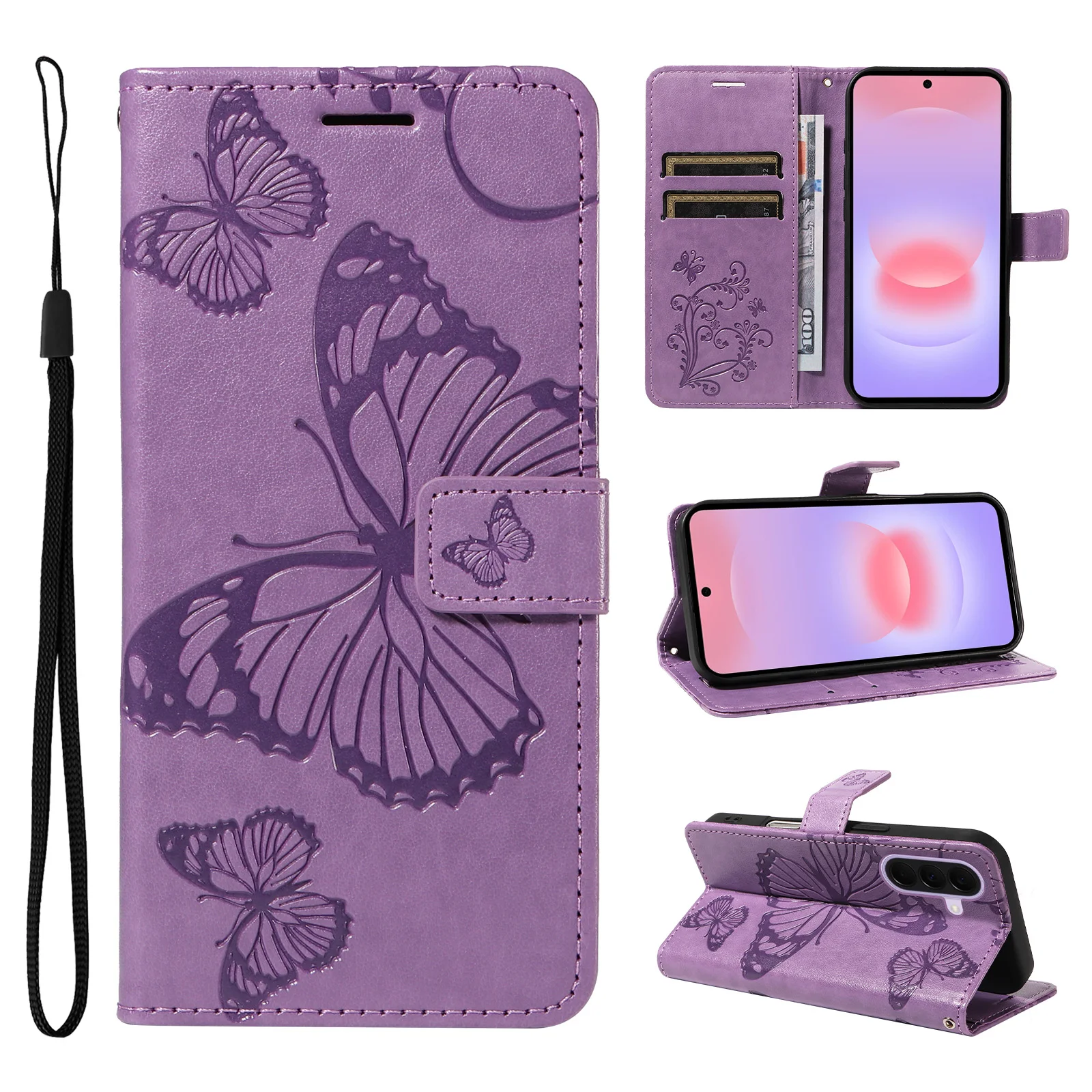 Leather Wallet Flip Case for Samsung Galaxy A17 A27 A37 A57 A56 A36 A26 A16 A55 A35 A25 A15 A54 Butterfly Embossed Design