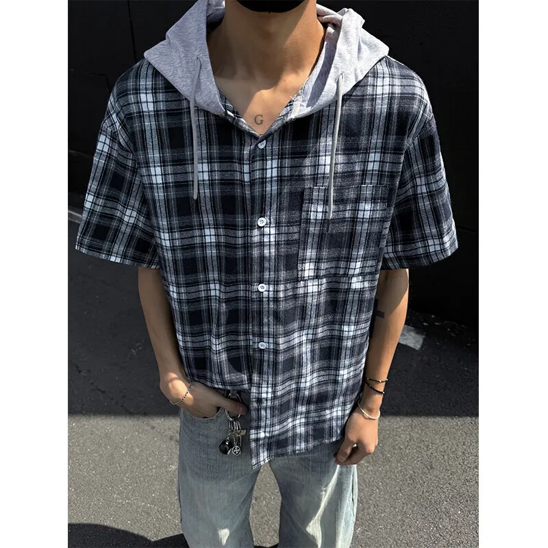 Summer Short Sleeved Shirt Men Fashion Retro Casual Hooded Shirt Men Streetwear Korean Loose Plaid Shirts Man Large Size 4XL