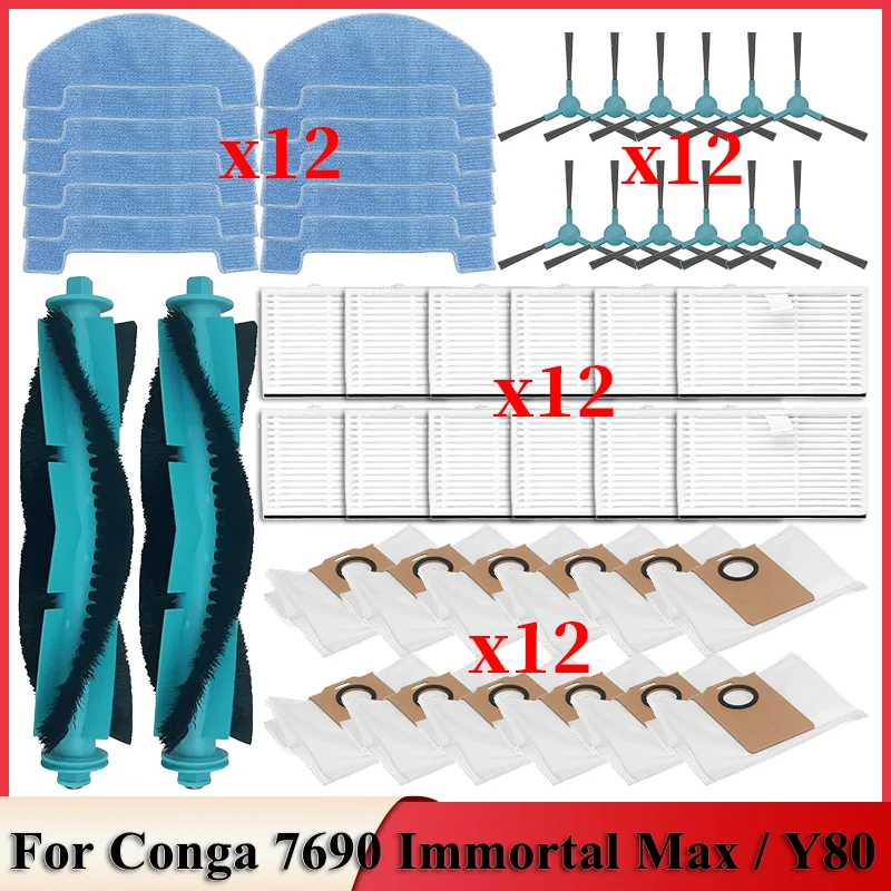 Compatible For Cecotec Conga 7690 Immortal Max / Conga Y80 Vacuum Parts Main Roller Side Brush Dust Bag Mop Cloth HEPA Filter