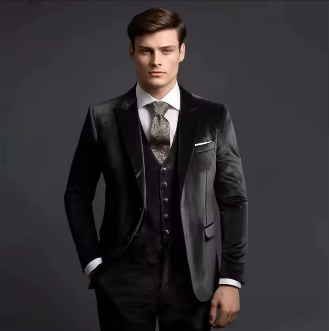 

Black Elegance Men's Suits Velvet Wedding Dating Prom 3 Pieces Suit/Set for Annual Dinner Wedding Clothes (Blazer+Vest+Pants)