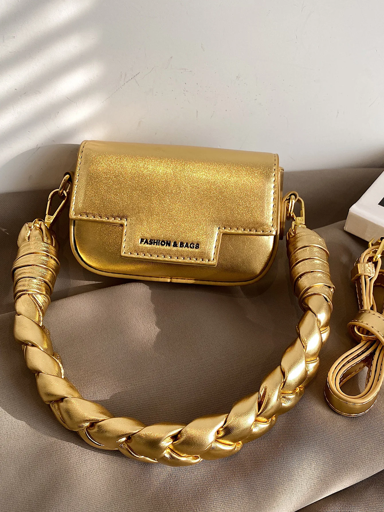 

Metallic Gold Small Square Crossbody Bag with Braided Strap