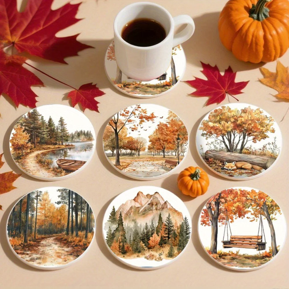 2D Warm Autumn Leaf Scene Wooden Coaster Desktop Protection Restaurants Bars Coffee Shops Offices Home Decor Housewarming Gift