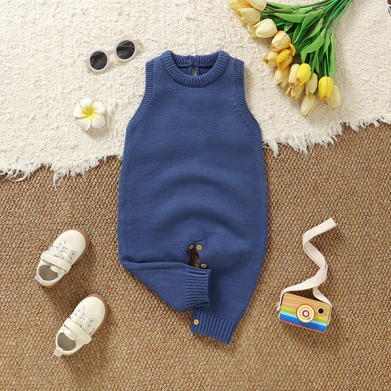 

Baby Rompers Knitted Solid Sleeveless Newborn Infant Boys Girls Strap Jumpsuits Toddler Unisex Overalls Children's Clothes 0-18m