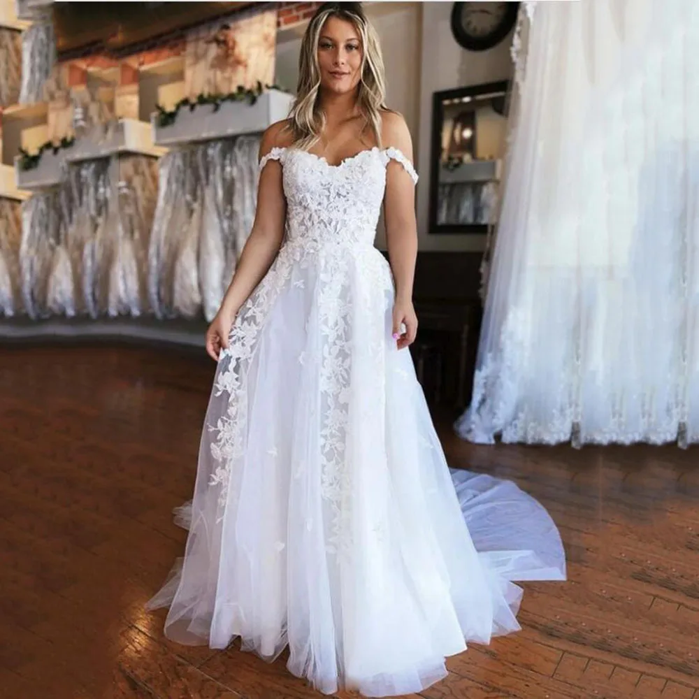 

Off Shoulder Lace A line Wedding Dress Vintage Lace Applqiues Bridal Gowns Custom Made Princess Floor Length Robe De Mariee