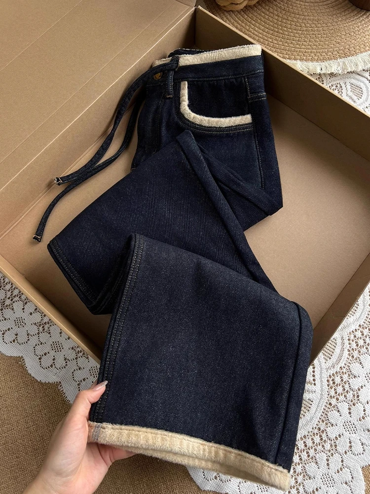 

Thickened Fleece High Waist Straight Leg Blue Jeans Women's Winter New Style plus Size Loose Slimming Wide Leg Pants