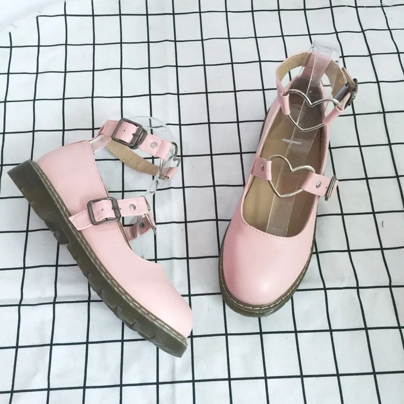 Vintage Sweet Lolita Shoes Round PU Leather Shoes Korean Harajuku Style Japanese Lolita Student Flat Metal Heart Shape Shoes