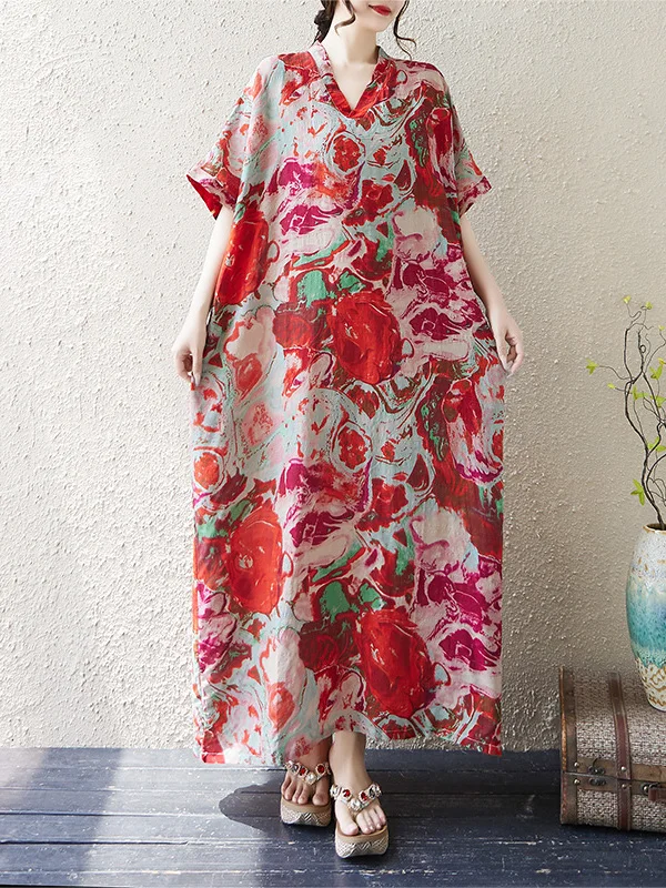 

Художественный винтажный трапециевидный силуэт Dr, летний новый свободный большой размер, женский длинный V-образный вырез из смеси хлопка и льна Dr