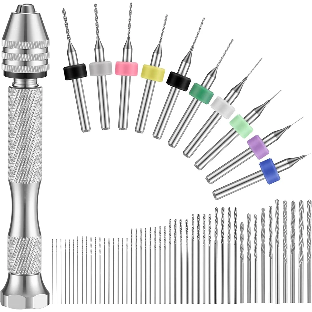 A58Z 59Pieces Hand Drill Bits Set Metal Pin Vise Hand Drill Micro Twist Bits and PCB Rotary Tools for Resin Polymer DIY C