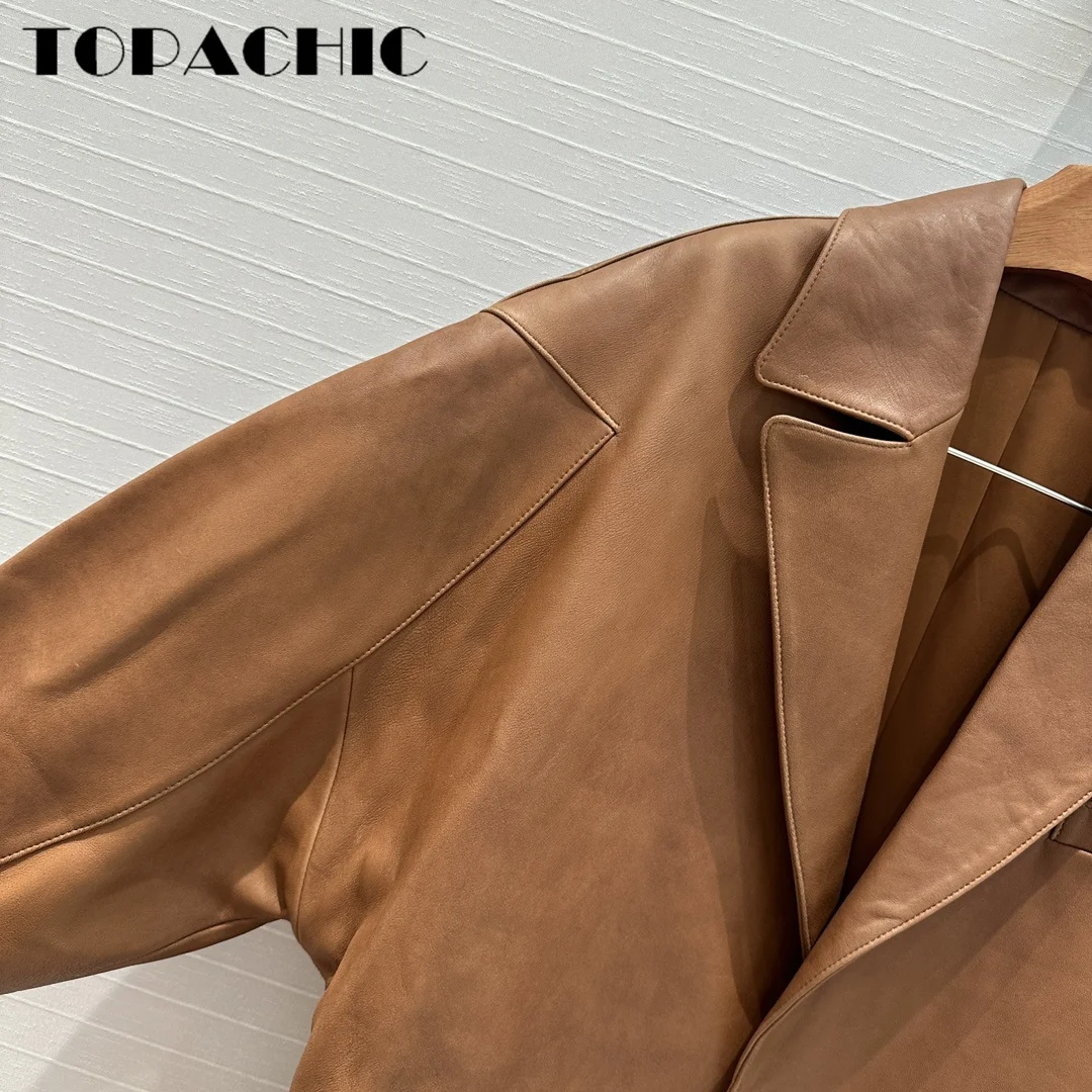 7.13 TOPACHIC Women Vintage Sheepskin Brown Blazer Single Button Spliced Long Sleeve Loose Genuine Leather Mid-Leng Jacket