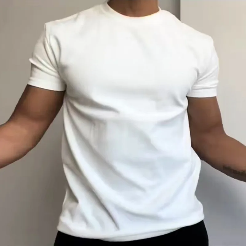 

White Cuffed Sleeve T-Shirt For Men, Summer Fitness Sports, Regular Shoulder, Short Sleeve, Heavyweight American Style
