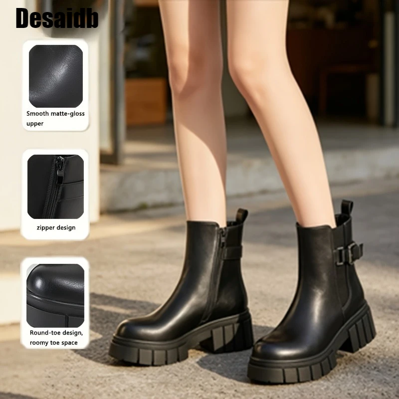 DesaidWomen's Platform Elevated Ankle Booties, Chunky Heel Leather Boots with Side Zipper, Vintage British Style Premium Booties