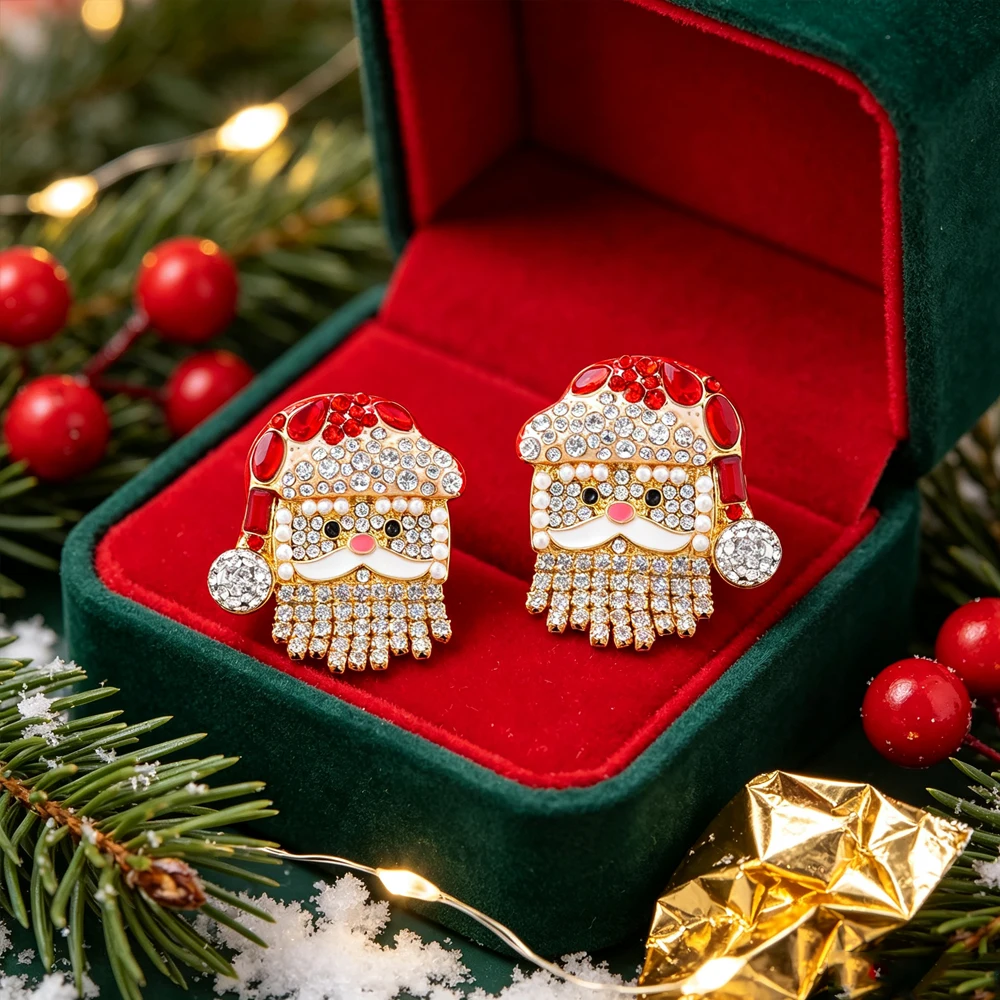 Christmas Santa Claus Stud Earrings for Women Sparkling Rhinestone Tassel Dangle Earrings Holiday Party Jewelry Gift