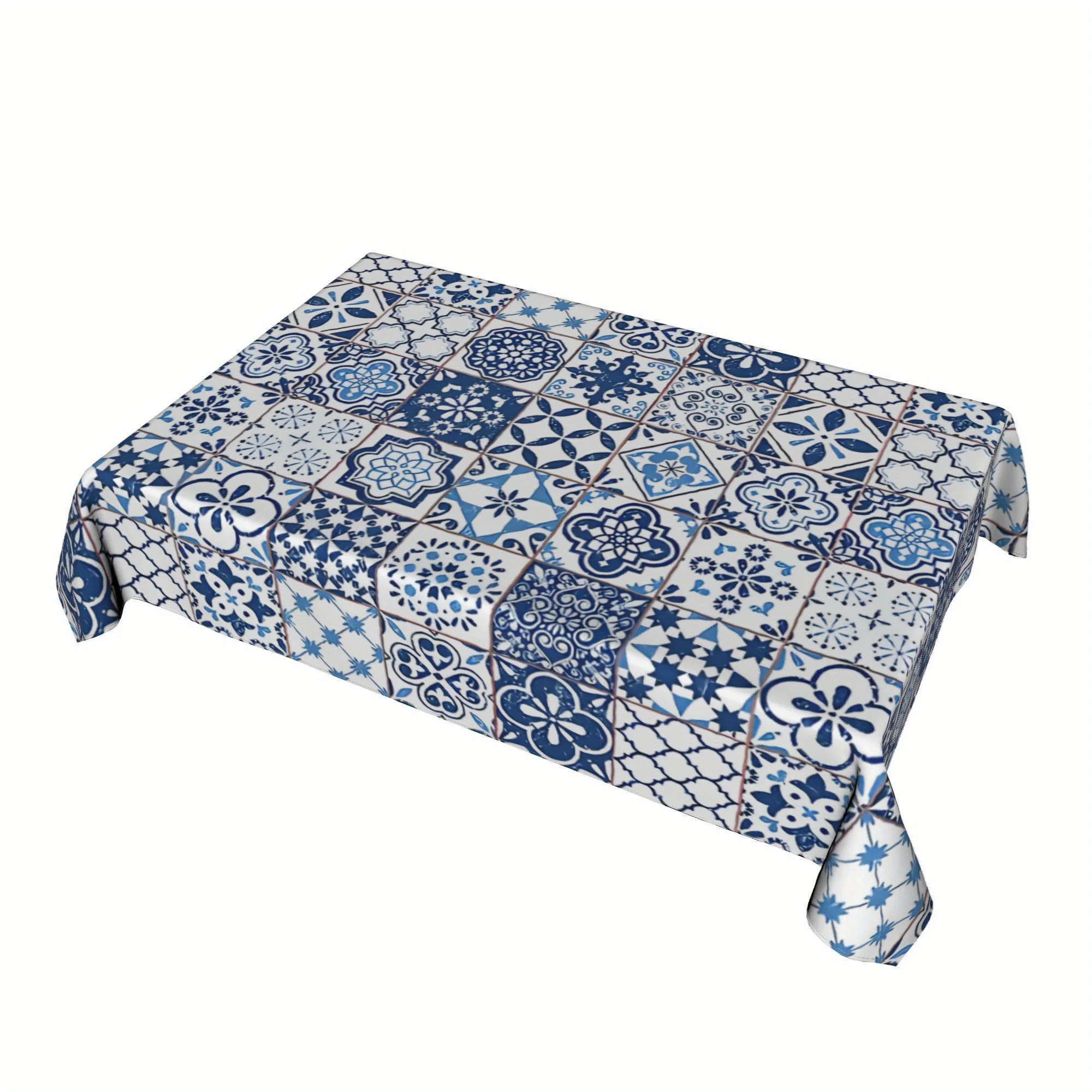 1pc Portuguese Azulejos Table Cover - Blue & White Floral Print, Machine- Polyester, Rectangular Design for Home Decor