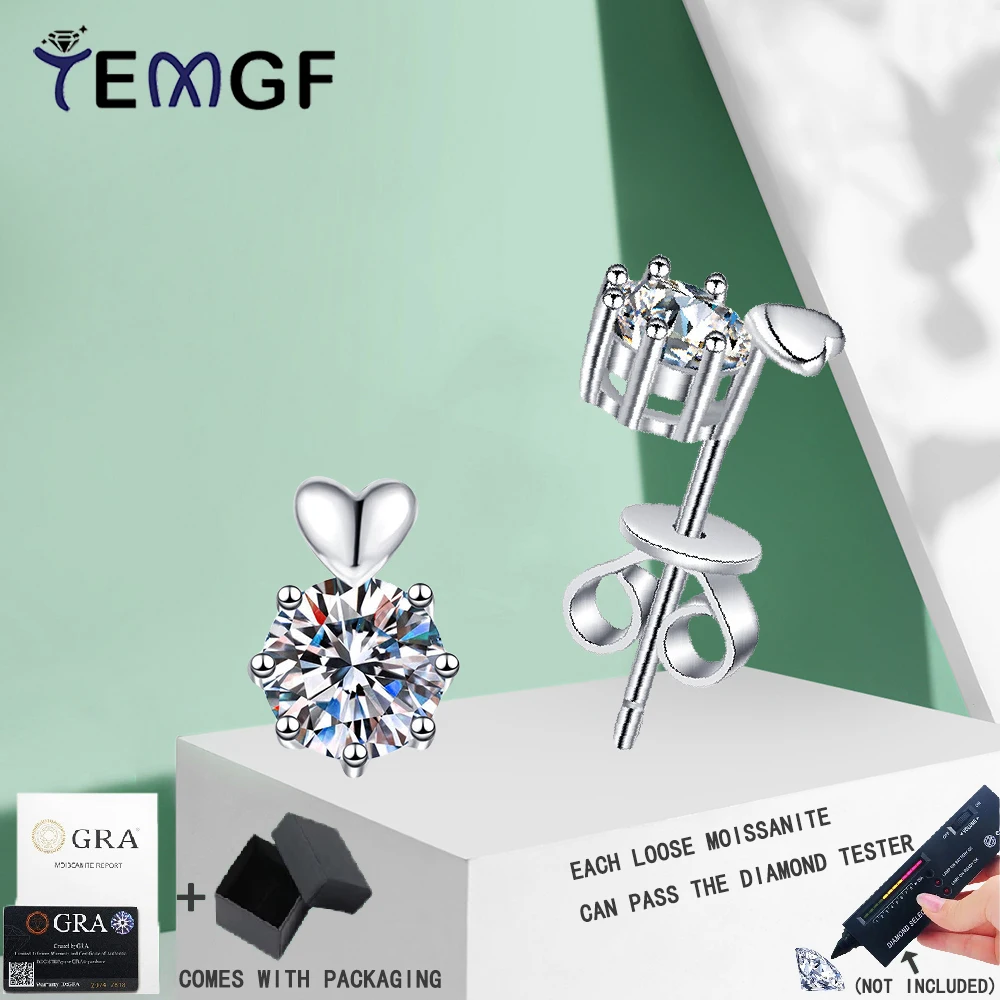 

TEMGF S925 Sterling Silver Studs for Women 5mm Moissanite/Zircon Fine Earring Simple Love Design Jewelry Couple Gifts 1CT/Pair