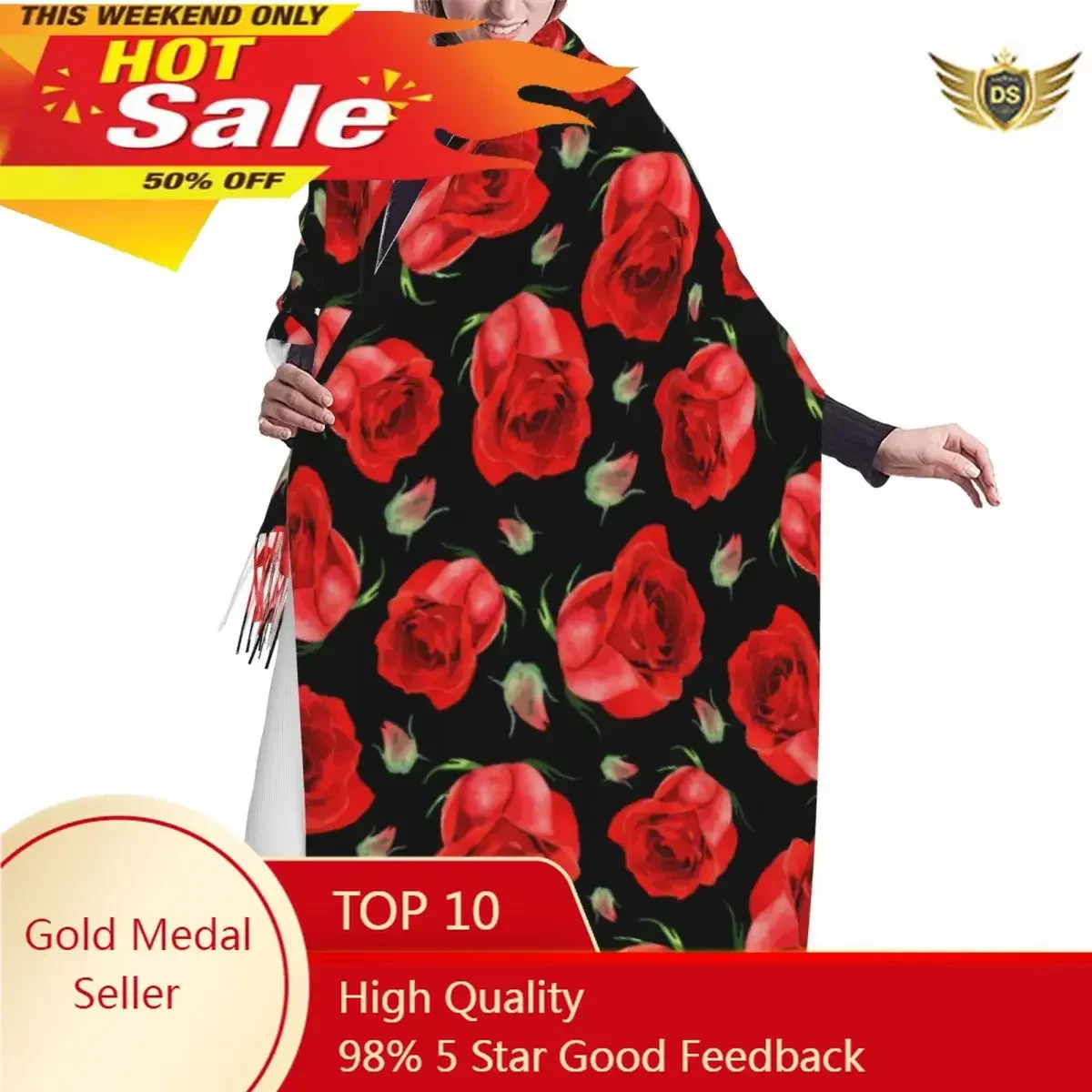 

Autumn Winter Warm Scarves Red Rose Flowers Fashion Shawl Tassel Scarves Wrap Neck Headband Hijabs Stole