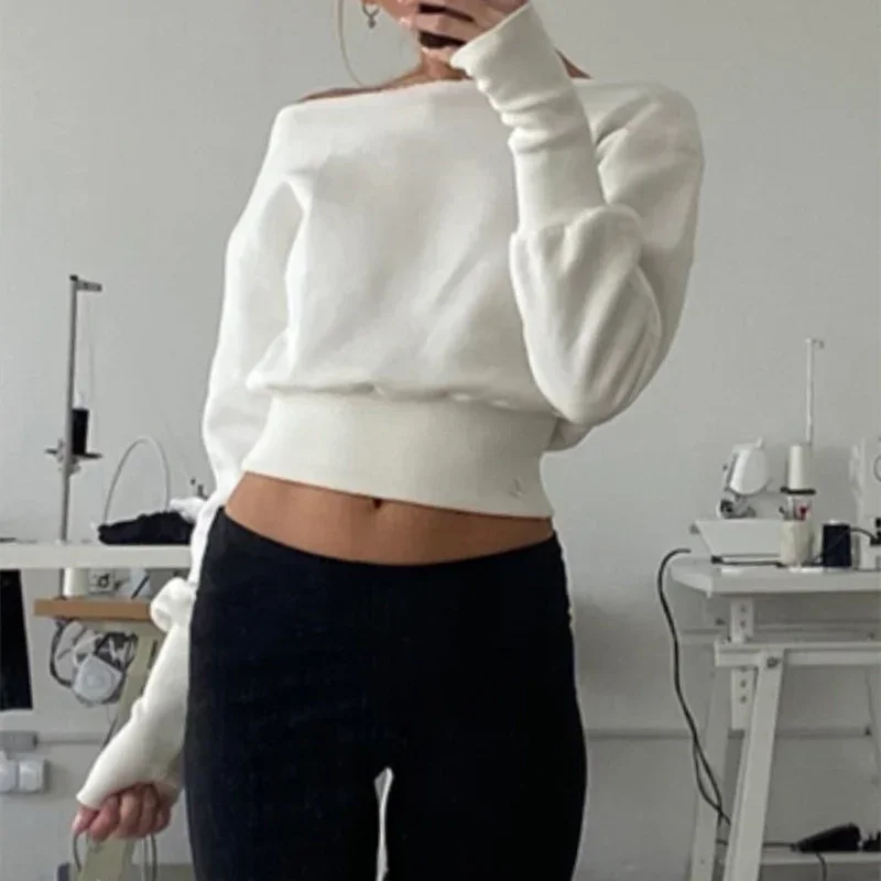 Simple Casual White Slash-neck T Shirt Autumn Winter Basics High Elastic Long Sleeve T-shirts Streetwear Slim Tees 2023