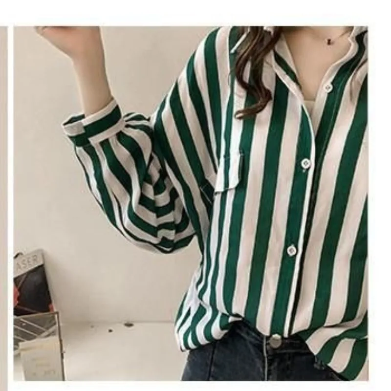 2024 Summer Women\'s New Spliced POLO Collar Button Stripe Pocket Lantern Sleeve Fashion Loose Casual Long Sleeve Blouses Shirts