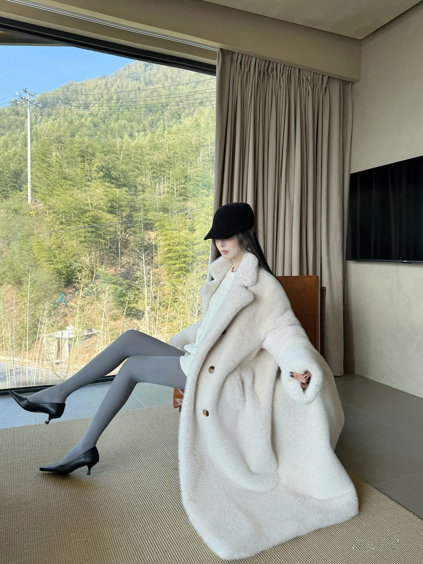 

Alin White Velvet Mousse Long Thi Fem Coat Winter Outerwear Simulation Fur Jaet Youth Commute Sle Double Button