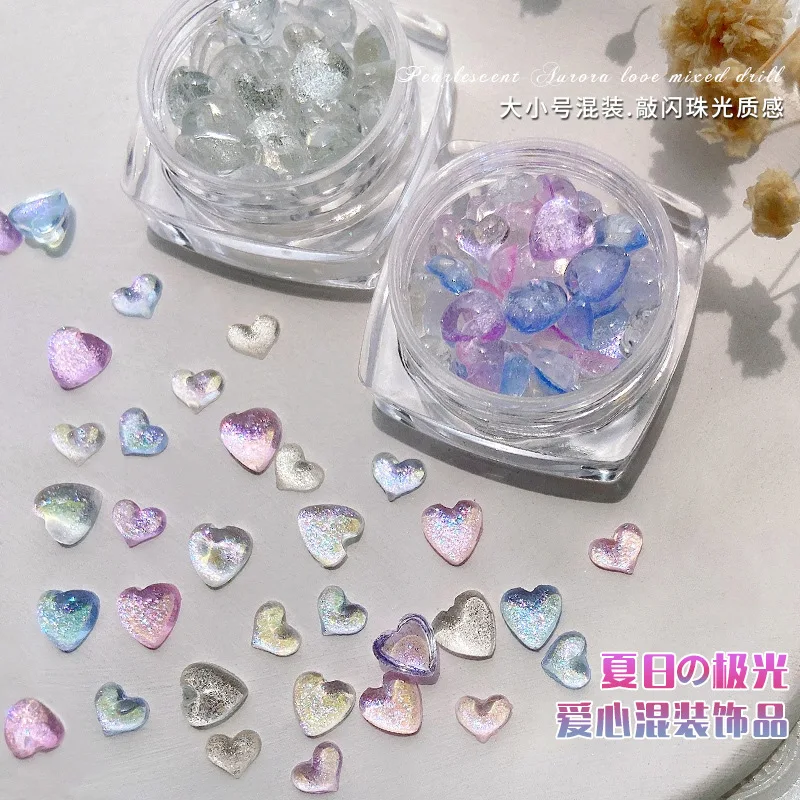 

40PCS/Pot Mixed Sixe 3D Resin Nail Art Heart Charms Flat Back Rhinestone Glitter Nails Decoration Supplies Manicure Accessories