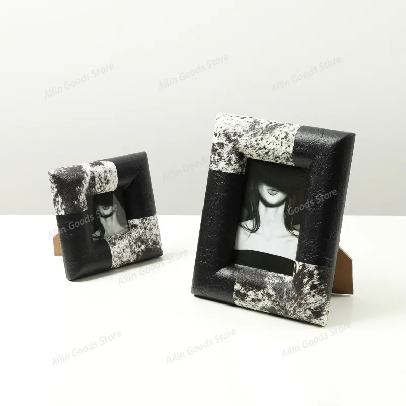 Italian light luxury creative color matching leather pattern photo frame, exhibition hall villa  bedside table desktop