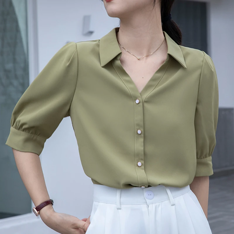 Elegant Women Tops and Blouses Chiffon Short Sleeve Shirts Puff Sleeves V- Neck Solid Office Ladies Tops Females Clothing Button