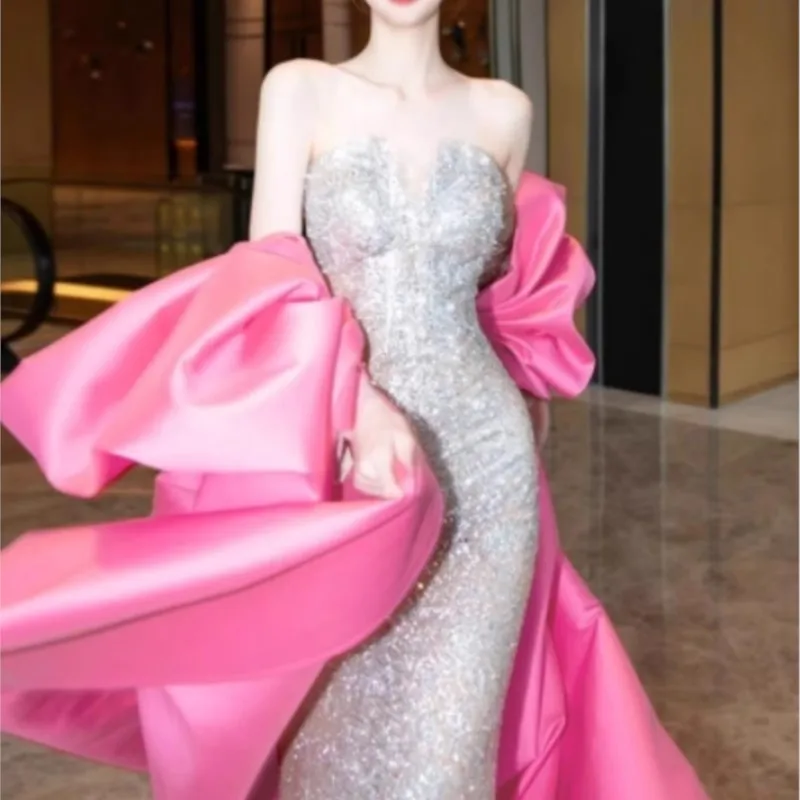 

Gradual pink fishtail banquet new light luxury minority toasting dress