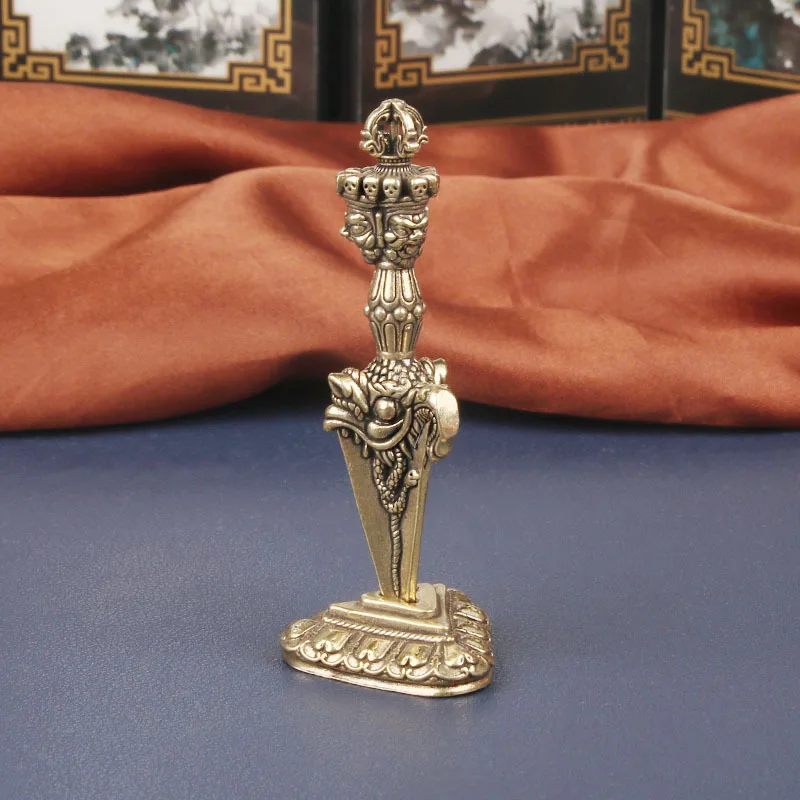 Brass Ganesha Vajra Desktop Ornament Three-Sided Pumbha Vajra Tibetan Demon-Slaying Vajra Antique-Style Craft