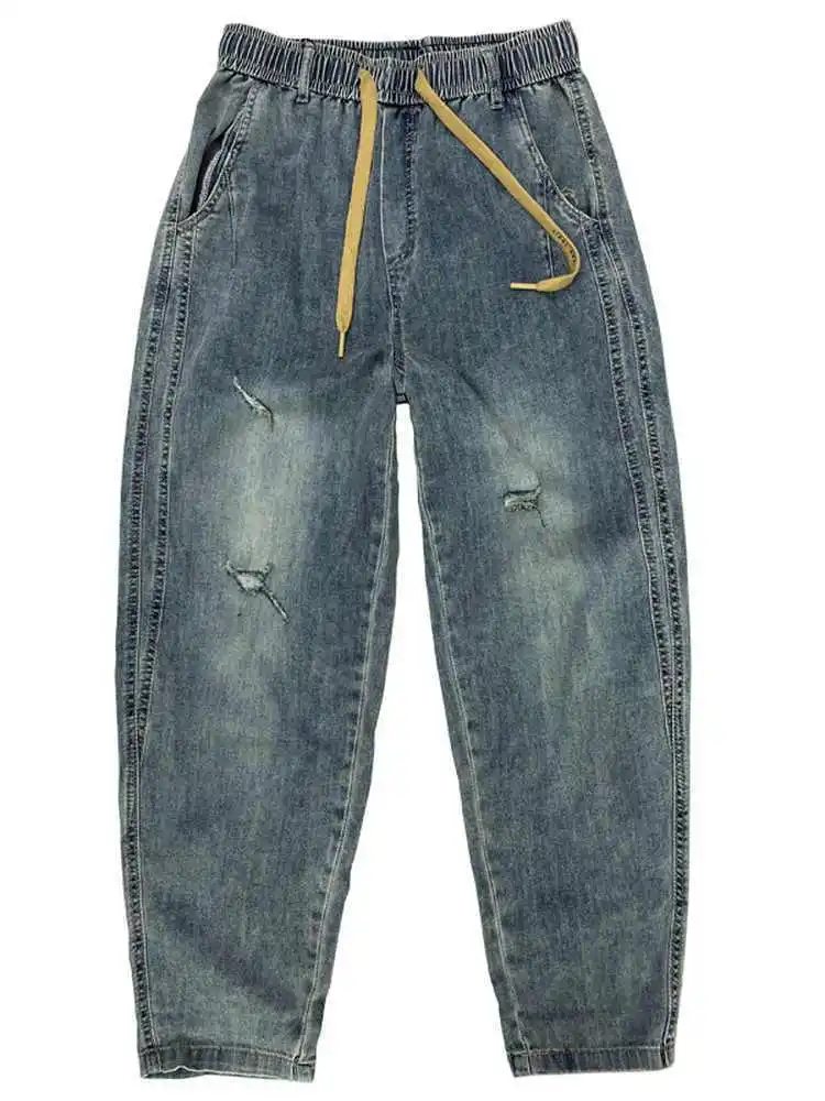 

Fashion 2026 Retro Elastic Waist Jeans Men's Trendy Brand Straight Loose Elastic Casual Cargo Pants Youth Ripped Harlan Pants
