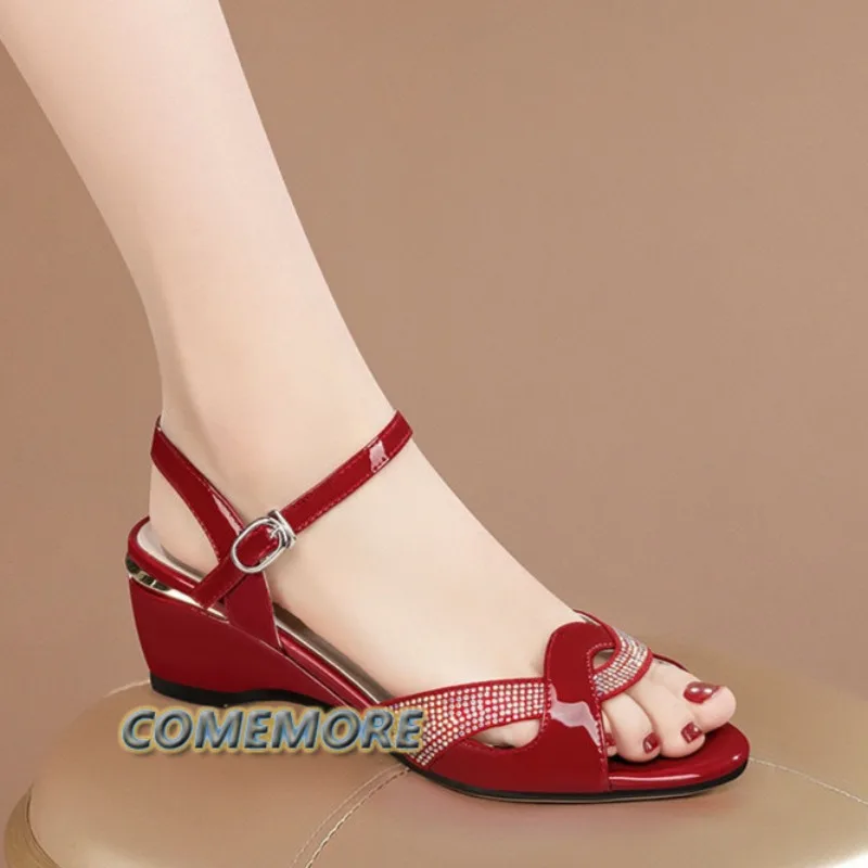 

2025 Women's Elegant Mid Heel Sandals Fashion Sexy Rhinestone Summer Shoes Ankle Buckle Strap Peep Toe Blue Red Casual Footwear
