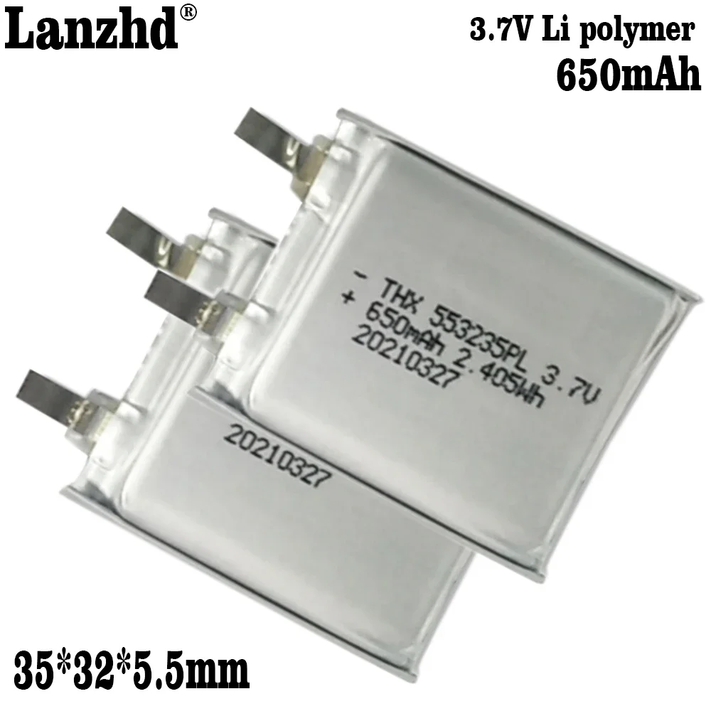 1-10 ชิ้น 3.85 โวลต์ Li - Po แบตเตอรี่โพลิเมอร์ 553233   แบตเตอรี่ลิเธียมแพ็คนุ่ม 650mAh สําหรับปลั๊กลําโพงการ์ด TWS ถังชาร์จแบตเตอรี่ MP3