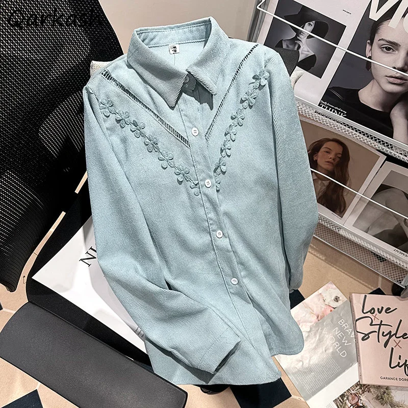 

Women Shirts Literary Clothing Preppy Kawaii Casual Vintage Corduroy Korean Fashion Long Sleeve All-match Sweet 3D-Decoration