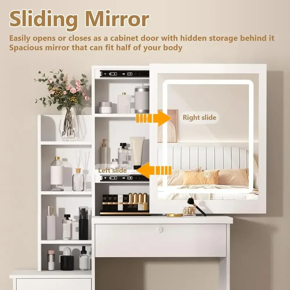 Lighted Makeup Vanity Desk with Mirror, 3 Color & 3 Drawer Storage, White