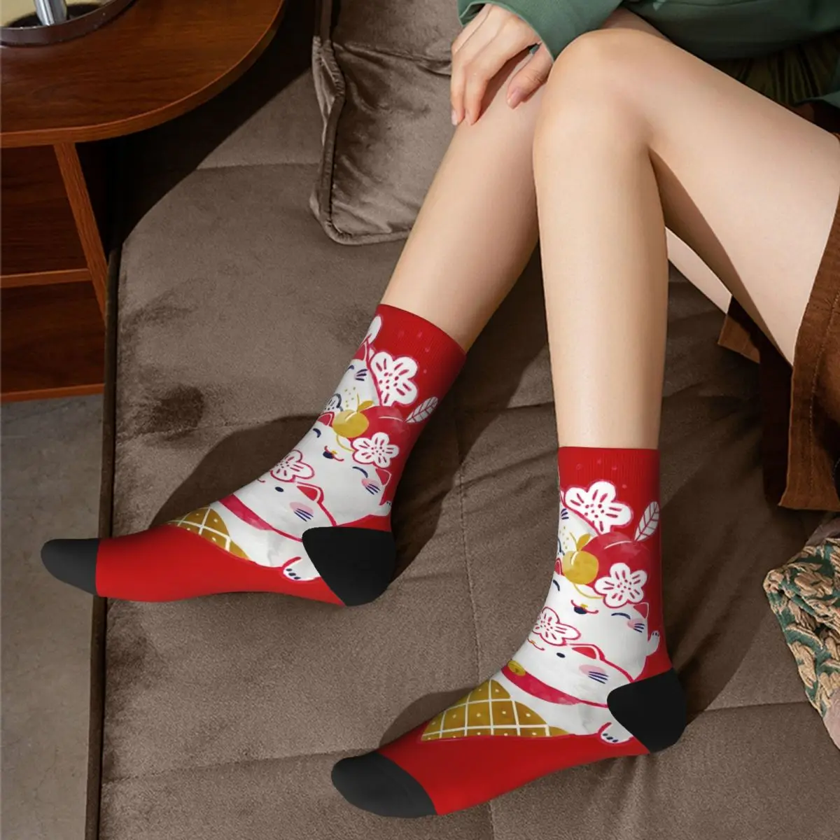 Calcetines de baloncesto Retro Lucky Cat Maneki Neko, lindos calcetines de tubo medio de poliéster para Unisex, transpirables