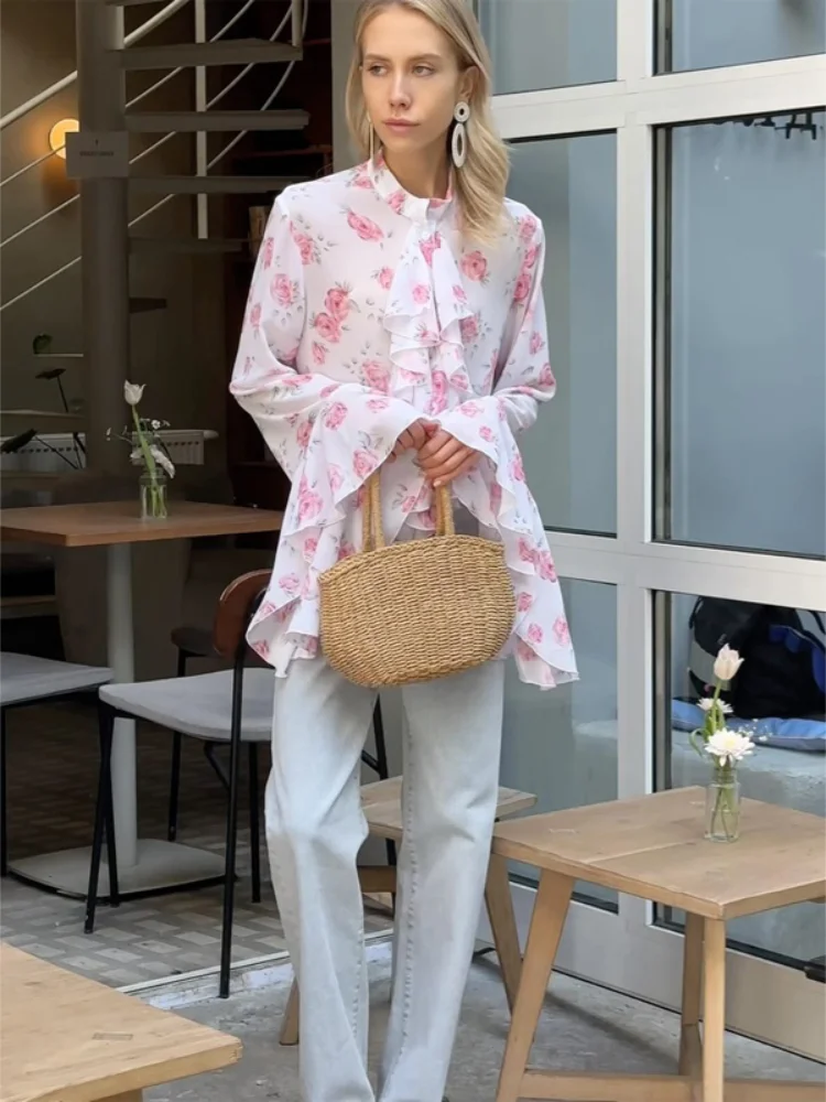 

White Pink Rose Print Chiffon Blouse Romantic Women High Neck Ruffle Trim Flare Sleeve Top 2026 Ladies Casual Streetwear Tops