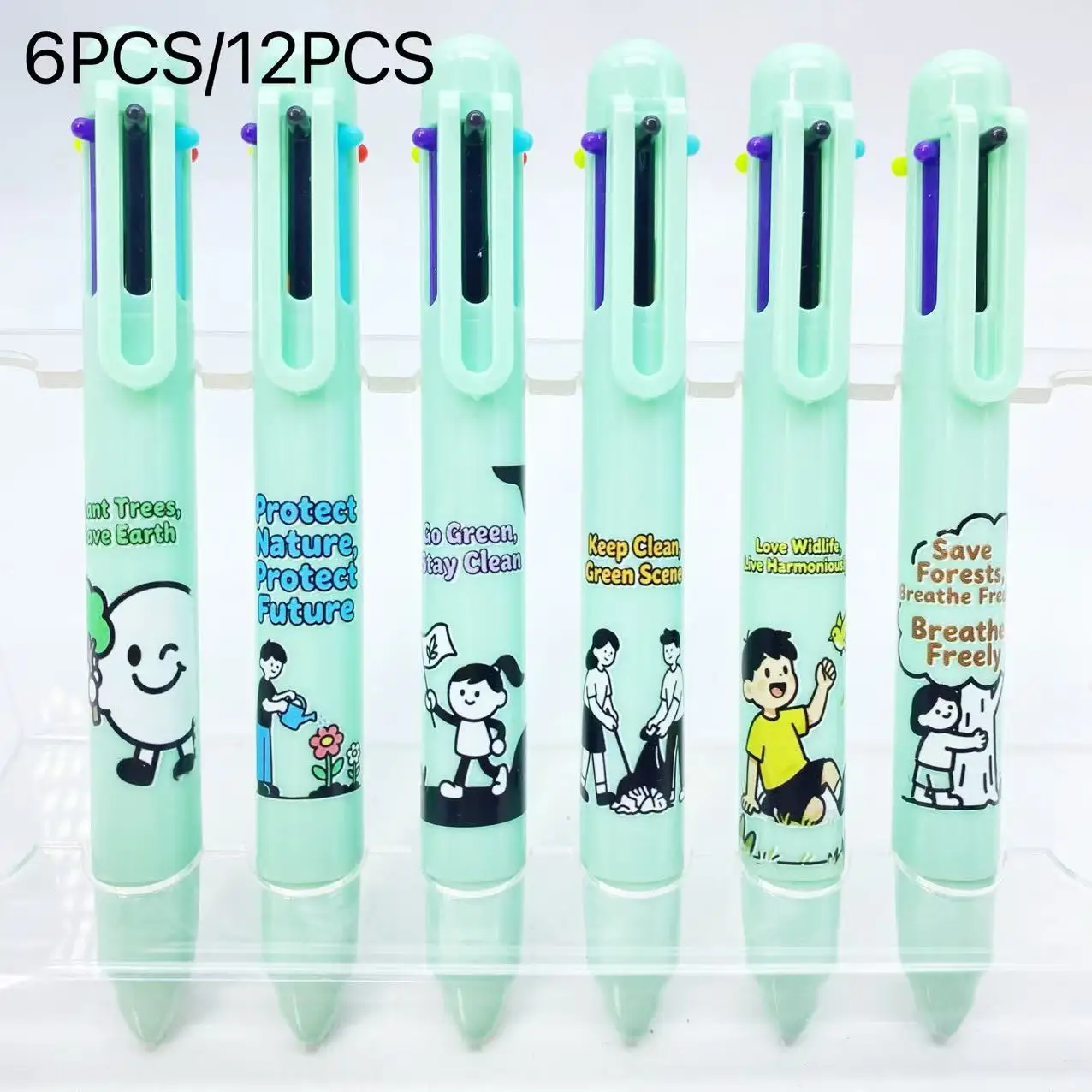 

6PCS/12PCS Eco-Friendly Color Pen Set Student Writing Ballpoint Pens Green Theme Environmental Protection Plant Conservation Pub