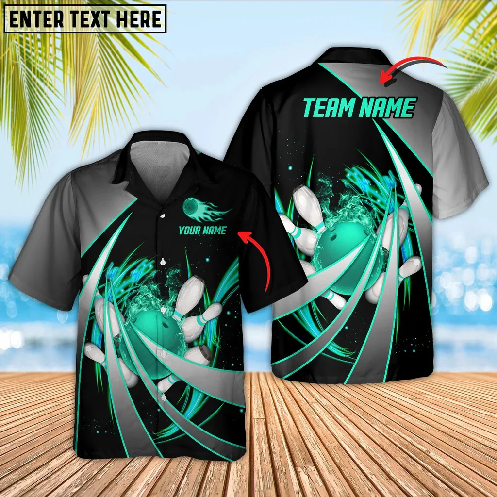 

Flame Bowling And Pins Tornado Customized Name 3D Printed Fashion Men's Hawaiian Shirt Summer Casual Button Down Shirts CY-60