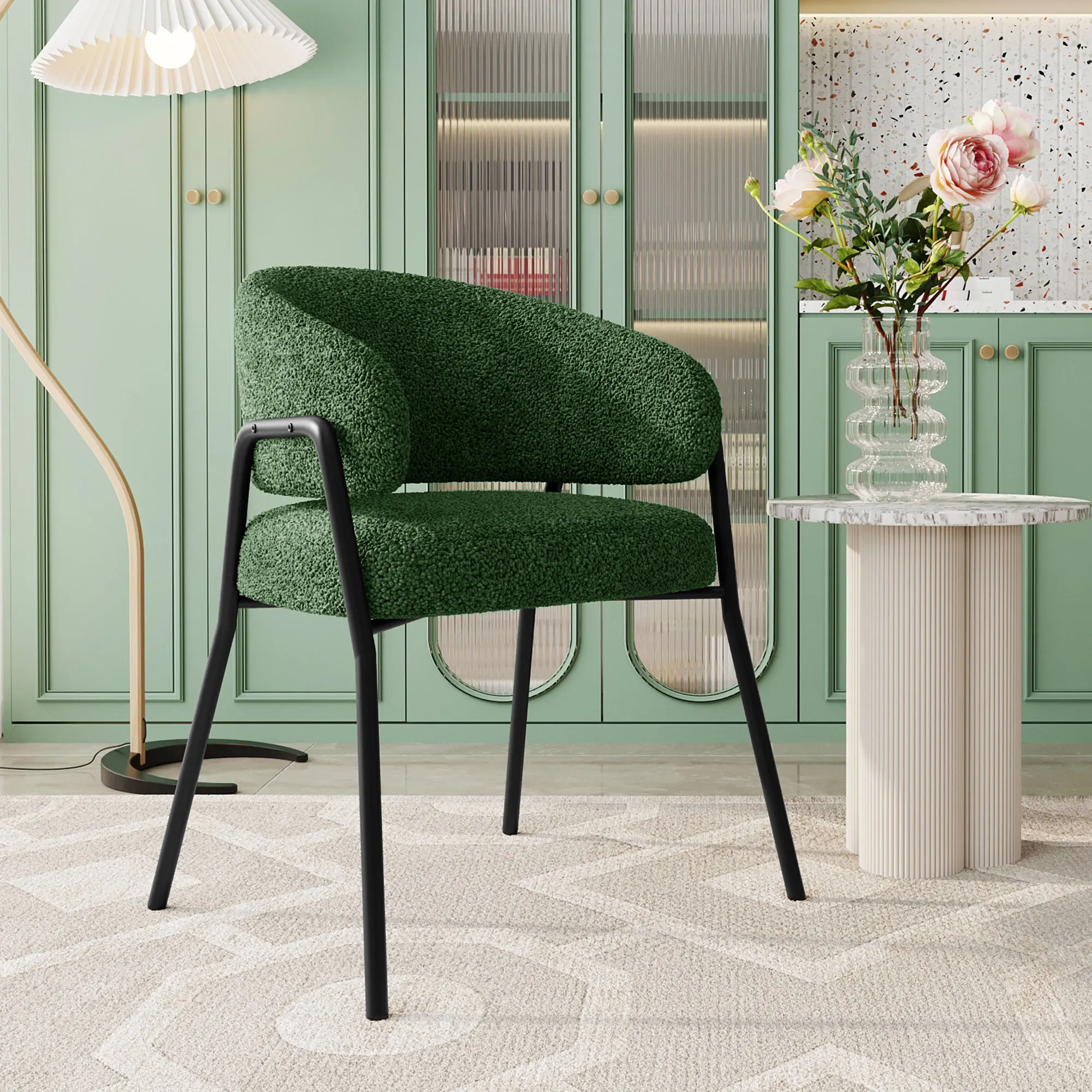 VSOGA Dark Green Dining Chair Modern Lamb Velvet Living Room Chair with Armrests, Black Legs Dining Chair