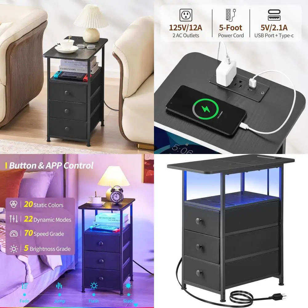 

Компактный прикроватный столик с тканевыми ящиками, светодиодной подсветкой, для хранения вещей в гостиной и спальне, черный HKET1303BK