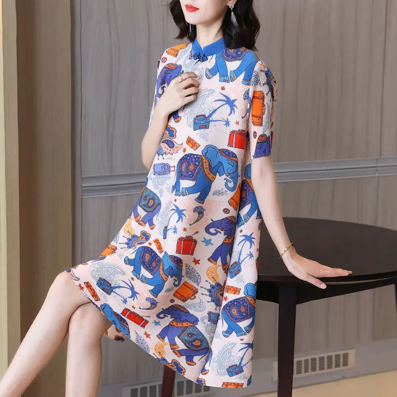 

Summer fashion printing fold dress female 2023 new niche design sensor retro casual short sleeve o neck skirt dress female tops
