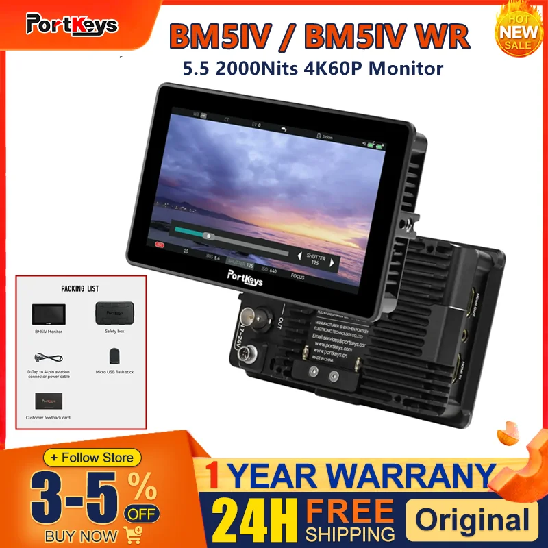 Portkeys BM5IV BM5IV WR 5.5” 2000nits 4K 60P HDMI-compatible 3G-SDI Wide Color Gamut Camera Control Monitor Built-in CINENORM