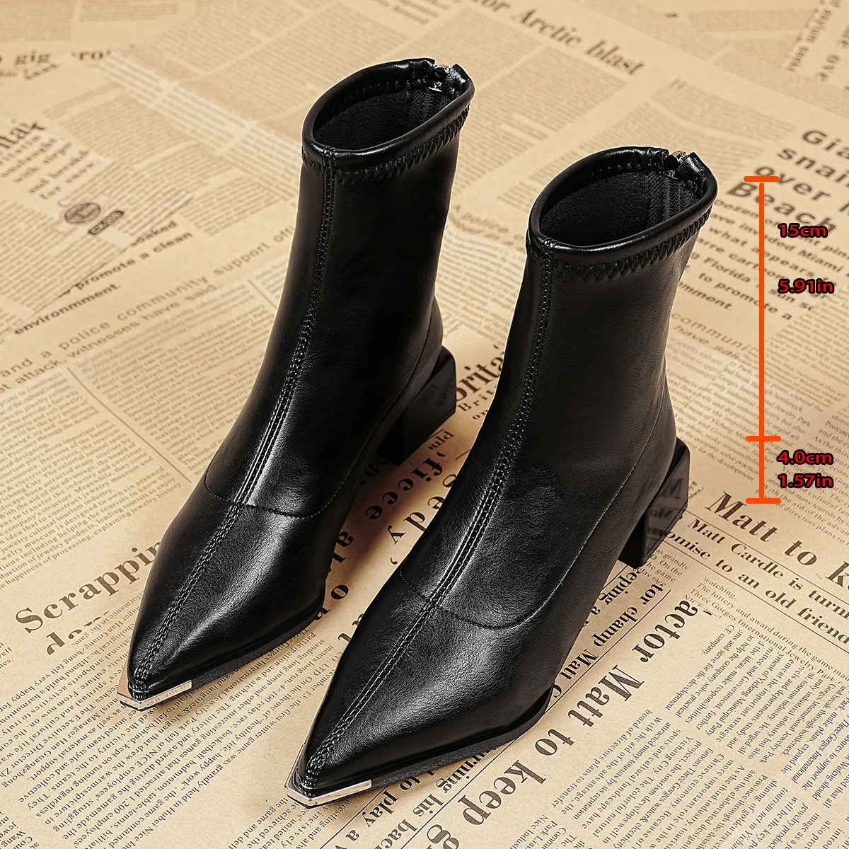 Brand Pu Black Ankle Boots 2026 Autumn French Retro Pointed Toe High Heel Chelsea Boots Metal Decoration Designer Short Booties