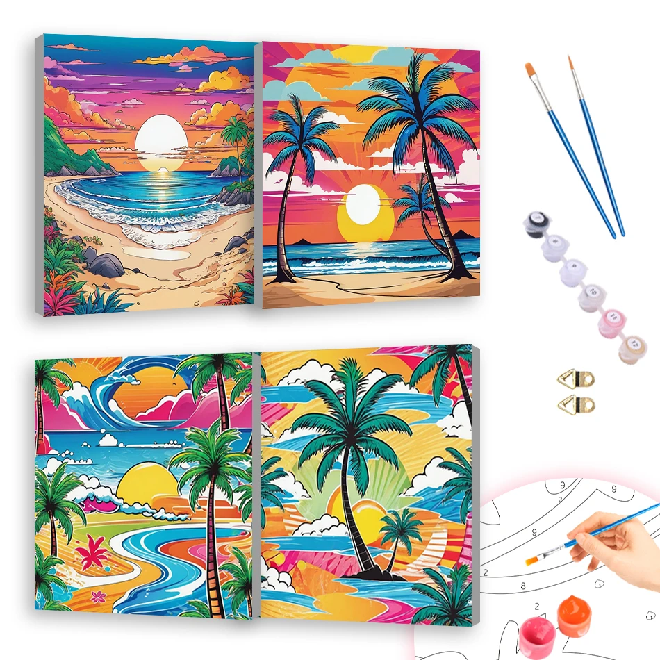 

RUOPOTY Oil Painting By Numbers 20x20cm ready Frame Colorful seaside scenery Acrylic Paints For Beginner Simple Picture Drawing