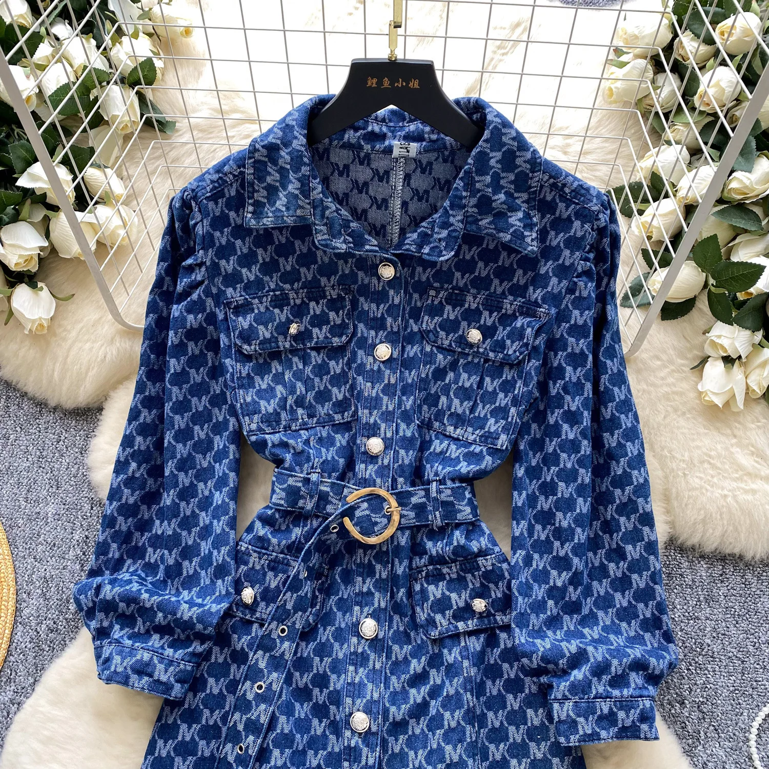 Light And Mature Style Niche Straps Waist Lapel Long-sleeved Denim Dress Women's Autumn Single-breasted Shirt Skirt