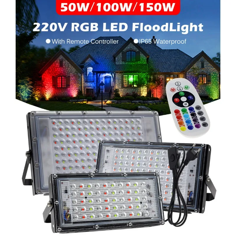 

50W 100W 150W RGB LED Floodlight AC220V EU Plug IP65 Waterproof Outdoor Spotlight Flood Light landscape Lightting with Remote