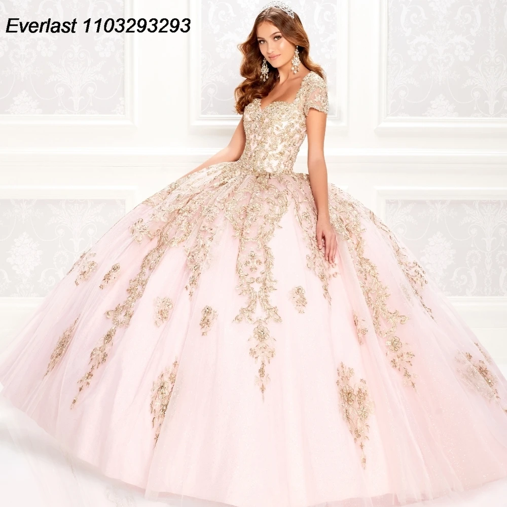 EVLAST Sparkly Blush Pink Quinceanera Dress Ball Gown Gold Lace Applique Crystals Bead corsetto Sweet 16 Vestido De 15 Anos TQD346