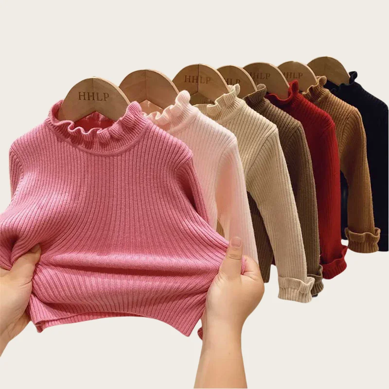 Children\'s Sweaters Base Tops 1-6Y 2024 Autumn Solid High Elastic Girl\'s Knit Pullover Kid\'s Turtleneck Flare Sweater for Girls