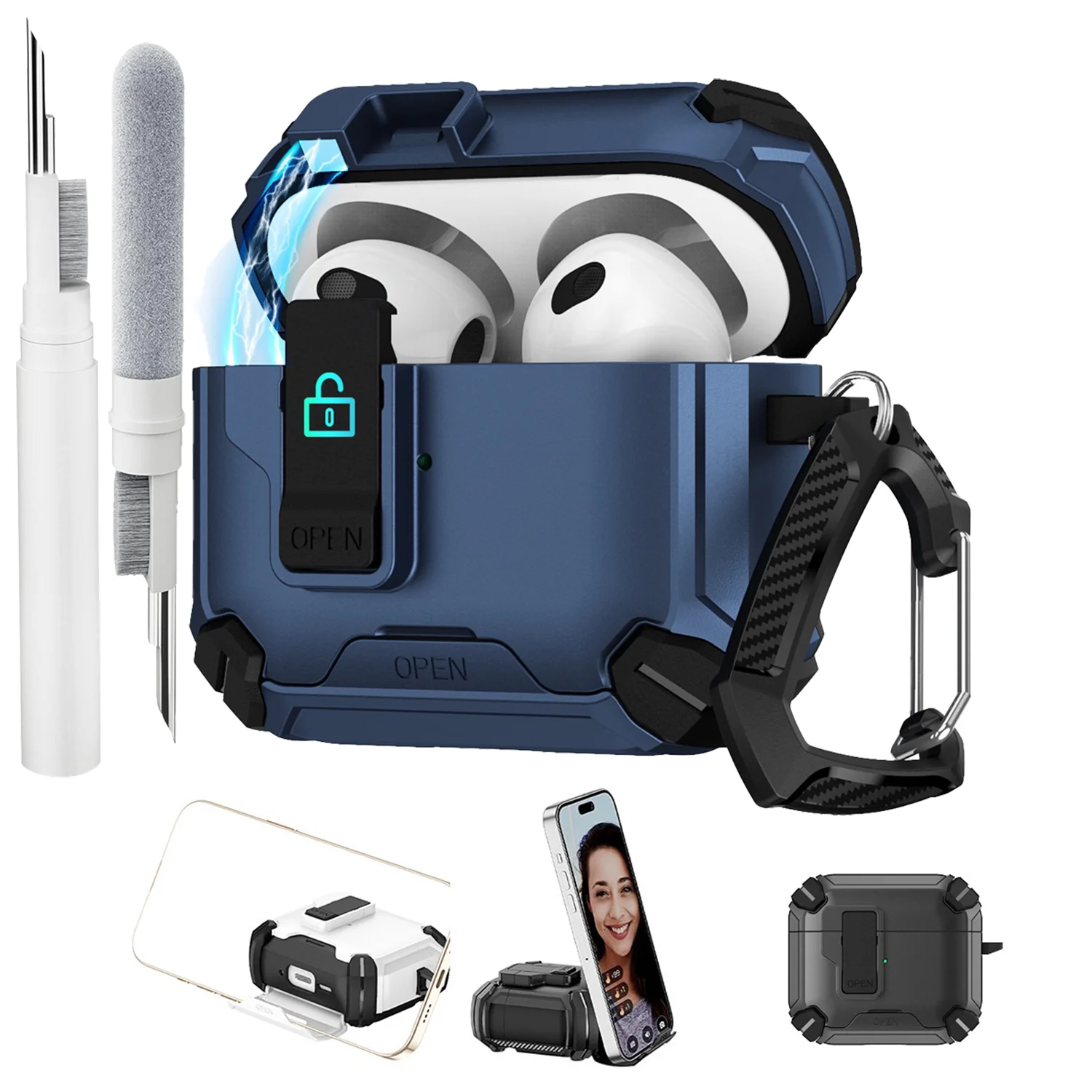 

Shockproof Lock Case with Keychain and Cleaning Kit for AirPods Pro 1 2 for AirPods 3rd 4th Gen MagSafe Compatible